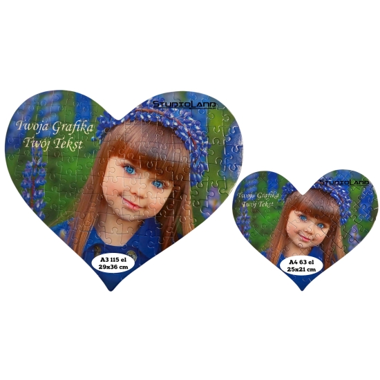 Puzzle w kształcie serca Foto z Dowolnym Nadrukiem Zdjęciem Napisem Grafiką Logo A4 63 el